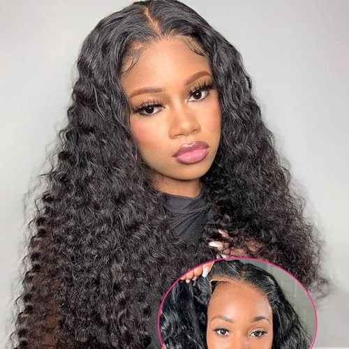 Dosacia Wear and Go Glueless Wigs Human Hair 4x4 Deep Wave Lace Front Wigs Wear and Go Wigs Deep Wave Wigs Human Hair Transparent Lace Closure Wigs for Black Women Natural Color 26inch