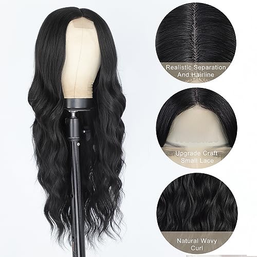 AISI QUEENS Long Black Wavy Wigs for Women Middle Part Curly Black Wig Natural Looking Synthetic Heat Resistant Fiber Wigs Hair Replacement Wigs for Daily Party Use Wig