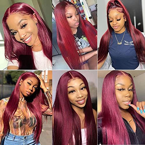 Samrabeauty 99j Burgundy Straight Lace Front Wigs Human Hair 99J 13X4 HD Transparent Lace Frontal Wigs 180% Density Glueless Pre Plucked with Baby Hair Wigs for Women