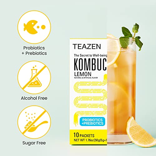 Teazen Kombucha Tea, Zero Sugar, Sparkling Fermented Powdered Mix Beverage from Korea, Live Probiotics & Prebiotics, 10 Sticks, 1.76oz (Lemon)