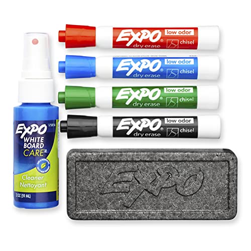 EXPO Low Odor Dry Erase Marker Starter Set, Chisel Tip, Assorted, Whiteboard Eraser, Cleaning Spray, 6 Count