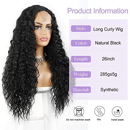 Halcyon Long Curly Wig for Black Women 26inch Synthetic Curly Wig Middle Part Wigs Hair Replacement Wigs (26inch, 1/Black)