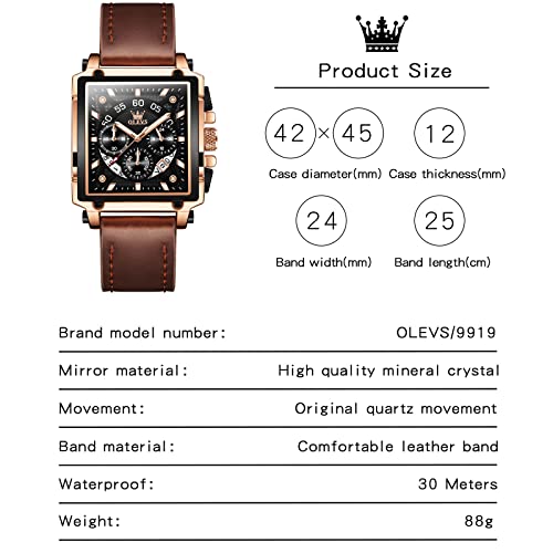 OLEVS Square Watches for Men Black Face Brown Leather Luxury Watches for Men Chronograph Fashion Business Waterproof Dress Wrist Watches