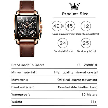 OLEVS Square Watches for Men Black Face Brown Leather Luxury Watches for Men Chronograph Fashion Business Waterproof Dress Wrist Watches