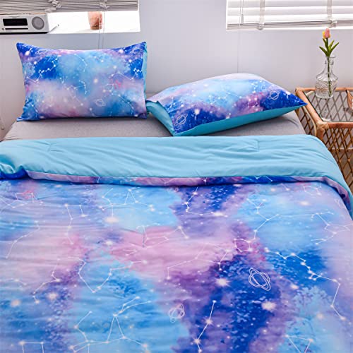 Holawakaka Tie Dye Constellation Print Ombre Comforter Set Twin Size Girls Boys Gradient Galaxy Bedding Set (Blue Purple, Twin)