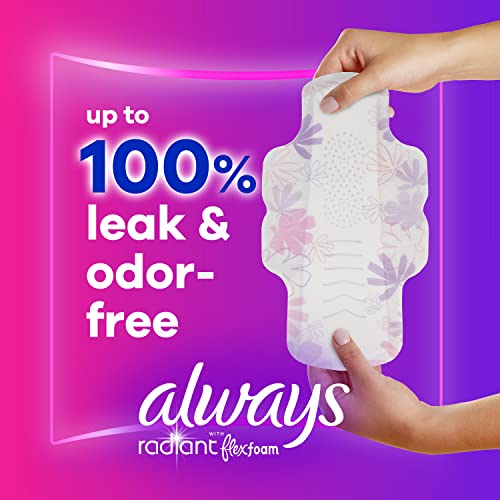 Always Radiant Feminine Pads For Women, Size 3 Extra Heavy Absorbency, With Flexfoam, With Wings, Light Clean Scent, 22 Count x 3 Packs (66 Count Total)