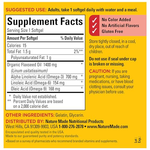 Nature Made Extra Strength Flaxseed Oil 1400 mg, Fish Free Omega 3 Supplement, Dietary Supplement for Heart Health Support, 100 Softgels, 100 Day Supply