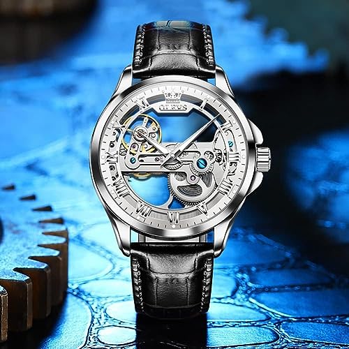 OLEVS Skeleton Watches for Men Automatic Self Winding Mechanical Luxury Dress Brown Leather Waterproof Luminous Men Wrist Watch