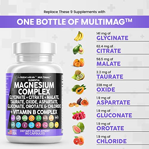 Magnesium Complex 2285mg with Glycinate Citrate Malate Oxide Taurate Aspartate Gluconate Orotate & Mag Chloride, Zinc Copper Manganese Vitamin C B1 B2 B6 B12 - 90 Count Made in USA