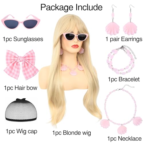 morvally Long Blonde Wig with Bangs for Women Wavy Synthetic Hair Wigs for Girls Cosplay Costume Halloween Party Daily Wear Including Shell Necklace Bracelets Earrings Sunglasses and Bow Hair Clip