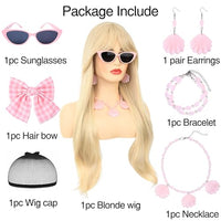 morvally Long Blonde Wig with Bangs for Women Wavy Synthetic Hair Wigs for Girls Cosplay Costume Halloween Party Daily Wear Including Shell Necklace Bracelets Earrings Sunglasses and Bow Hair Clip