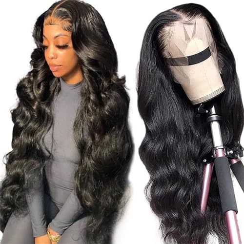 13x6 Lace Front Wigs Human Hair Pre Plucked 180% Density Wear and Go Glueless HD Transparent Lace Frontal Wigs Human Hair Body Wave Wigs for Black Women Natural Hairline with Baby Hair 24 Inch