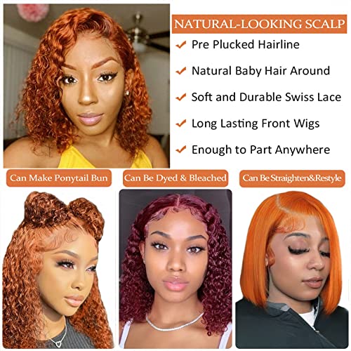 UKASI Ginger Bob Wig 13x4 HD Lace Frontal Wigs Human Hair Deep Wave Lace Front Wig For Women 180% Density 100% Human Hair Pre Plucked with Baby Hair Ginger Bob Front Human Hair Wig 10 Inch