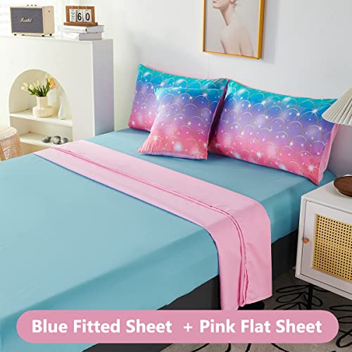 PERFEMET Purple Mermaid Comforter Set Twin 6 Pieces Rainbow Glitter Girls Bedding Set Colorful Ombre Bed in A Bag for Kids Teens Adults (Purple Pink, Twin Size)