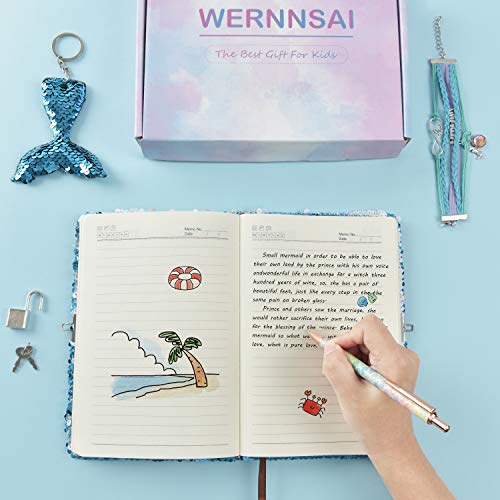 Sequins Notebook Set - Sparkly Mermaid Gift for Girls Kids Christmas Birthday Notebooks Journal Diary with Lock School Travel A5 Lined Memos Writing Drawing Notepad Ballpoint Pen Bracelet Key-chain