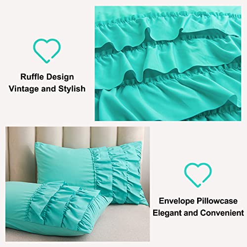 Holawakaka Aqua Waterfall Ruffle Comforter Set Queen Size Multi-Layers Ruffled Shabby Chic 3PCS Bedding Set for Girls Women