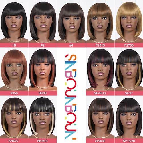 SinBounBoun Short Bob Wigs With Bangs Light Yaki Straight Hair Blunt Cut Glueless Wigs Realistic Look Daily Costume Wig For Women Synthetic Hair Heat Resistant Hair Wigs(14 Inch, SP1B/30)