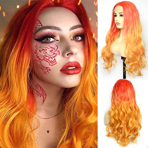 BLUPLE Red Orange Lace Front Wigs Ombre Yellow Mixed Color Long Natural Wavy Half Hand Tied Synthetic Hair Replacement Wigs 24 Inch for Women Party Show