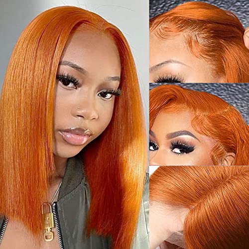 SFD Ginger Bob Wig Human Hair Lace Front 13x4 HD Transparent Lace Frontal Human Hair Ginger Orange Bob Lace Front Wigs Human Hair 150% Density Brazilian Hair For Black Women（Color Bob wig 8 Inch）