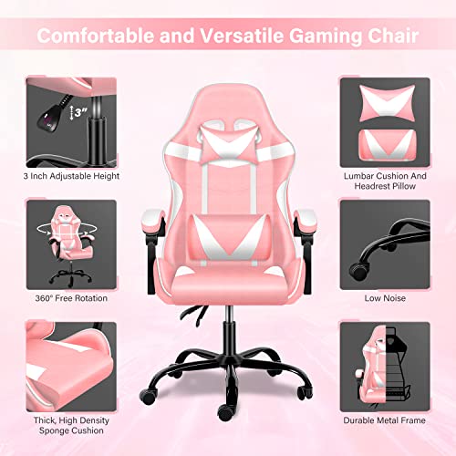 Pink Gaming Chair, Big and Tall Gamer Chair, Racing Style Adjustable Swivel Office Chair, Ergonomic Video Game Chairs with Headrest and Lumbar Support