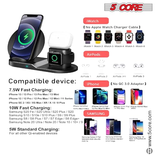 5 Core Wireless Charger, 3 in 1 Qi Wireless Charging Station 10W / 15W, Fast Wireless Charging Pad, Travel Charger for Multiple Devices for Qi Phones, Android, Galaxy S- Series, Watch, Earbuds