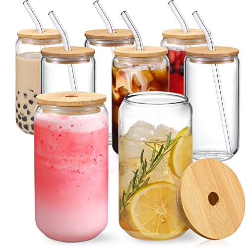 [ 8pcs Set ] Drinking Beer Glasses with Bamboo Lids and Glass Straw - 16oz Can Shaped Glass Cups, Iced Coffee Glasses, Cute Tumbler Cup, Ideal for Cocktail, Whiskey, Gift - 2 Cleaning Brushes