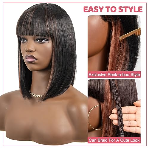 SinBounBoun Short Bob Wigs With Bangs Light Yaki Straight Hair Blunt Cut Glueless Wigs Realistic Look Daily Costume Wig For Women Synthetic Hair Heat Resistant Hair Wigs(14 Inch, SP1B/30)