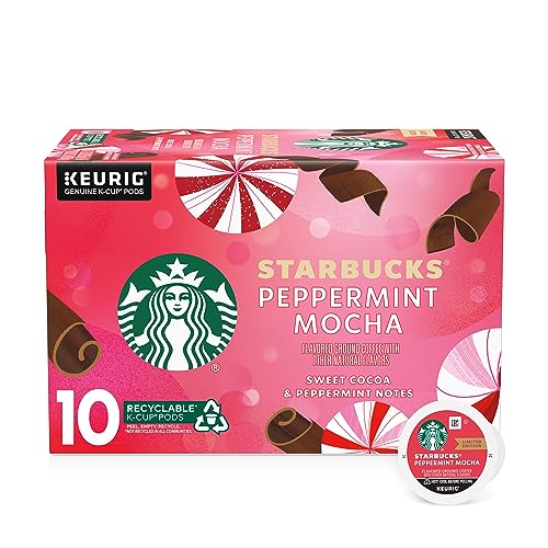 Starbucks K-Cup Coffee Pods, Peppermint Mocha Naturally Flavored Coffee For Keurig Brewers, 100% Arabica, Limited Edition Holiday Coffee, 1 Box (10 Pods)