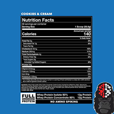 Gorilla Mode Premium Whey Protein - Cookies and Cream / 25 Grams of Whey Protein Isolate & Concentrate/Recover and Build Muscle (30 Servings)
