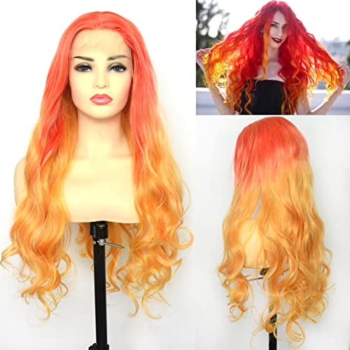 BLUPLE Red Orange Lace Front Wigs Ombre Yellow Mixed Color Long Natural Wavy Half Hand Tied Synthetic Hair Replacement Wigs 24 Inch for Women Party Show