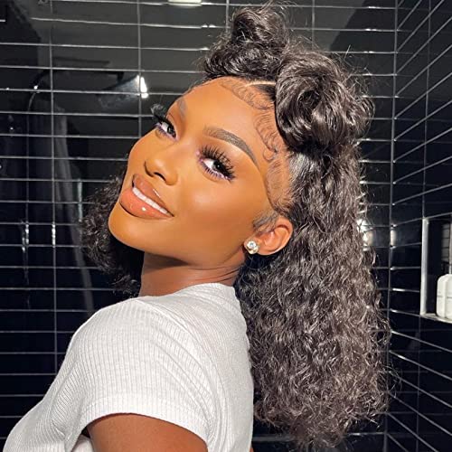 ANDRIA Short Bob Curly Lace Front Wigs Natural Black Loose Curly Glueless Lace Wig Synthetic Heat Resistant Fiber Hair Wig With PrePlucked Hair Line For Black Women 14 Inches