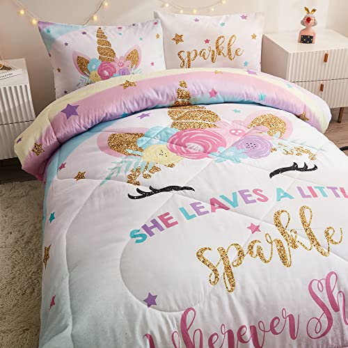 Cokouchyi Twin Comforter Set for Girls, 5-Piece Bed in a Bag, 3D Colorful Unicorn Bedding Comforter Sheet Set, Ultra Soft and Fluffly, Pink & Rainbow Color