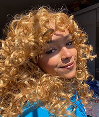 Annivia Curly Wig with Bangs for Black Women Honey Blonde Kinky Long Curly Wig Synthetic Hair Daily Use Cosplay 17 Inch