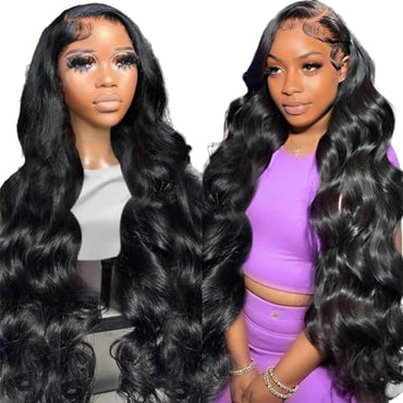13x6 Lace Front Wigs Human Hair Pre Plucked 180% Density Wear and Go Glueless HD Transparent Lace Frontal Wigs Human Hair Body Wave Wigs for Black Women Natural Hairline with Baby Hair 24 Inch