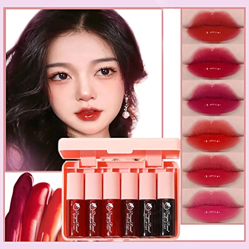 6 Colors Water Tint Lip Stain Set Plumping Mini Liquid Lipstick Moisturizing Lip Oil Tinted Lip Stain Long Lasting Non-Sticky Lip Plumping Set for Women Daily Lip Makeup