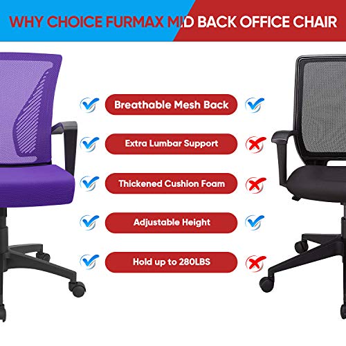Furmax Office Chair Mid Back Swivel Lumbar Support Desk Chair, Computer Ergonomic Mesh Chair with Armrest (Purple)