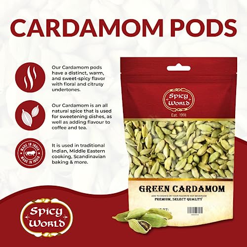 Spicy World Green Cardamom Pods 3.5 Oz - As Seen on Tik Tok - Premium Quality Whole Green Cardamom Pods | Vegan | Large | Aromatic Cardamon