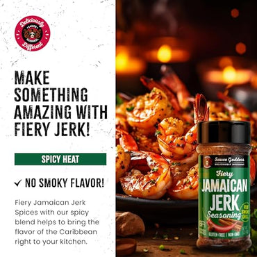 Sauce Goddess Fiery Jamaican Jerk Spice - Seasonings and Spices for Cooking with Caribbean Flavors! Perfect for Chicken, Pork, Seafood & More - Low Sugar, Low Sodium, Fat-Free, Vegan Friendly - 5 oz