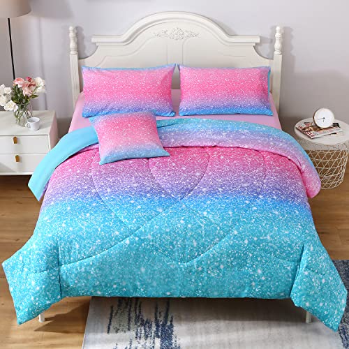 JQinHome Glitter Comforter Set Twin Size,6 Piece Bed in A Bag 3D Colorful Duvet Pink Blue Bedding Sets for Girls Kids - (1 Comforter,2 Pillowcases, 1 Flat Sheet, 1 Fitted Sheet, 1 Cushion Cover)
