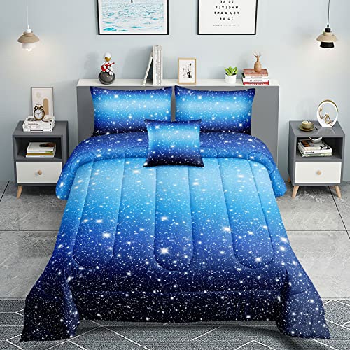 ROWADALO 5 Pieces Blue Gradient Glitter Sparkles Comforter Set Twin Size Galaxy Starry Sky Bedding Sets 5 Pcs Bed In A Bag for Kids Teen Girls Ultra Soft All-Season Girls Comforter Set,DJT-GB5002-Twin