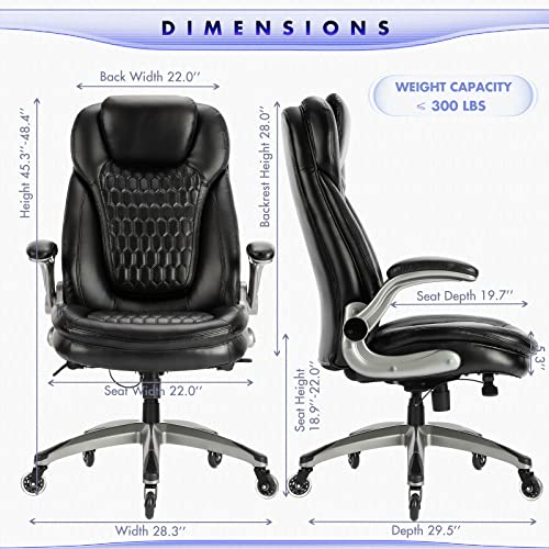 COLAMY Office Chair-Ergonomic Computer Desk Chair with Thick Seat for Comfort, High Back Executive Chair with Padded Flip-up Arms, Stylish Leather Chair with Upgraded Caster for Swivel (Black, 300lbs)