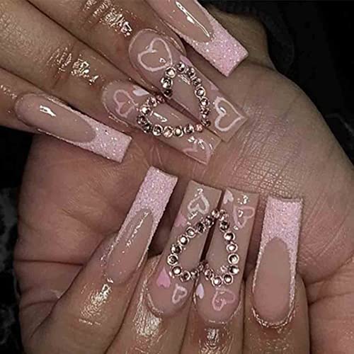 Foccna Long Press on Nails Pink Square French Fake Nails Full Cover Bling Acrylic False Rhinestone Nails LOVE Design Nails for Women and Girls 24PCS