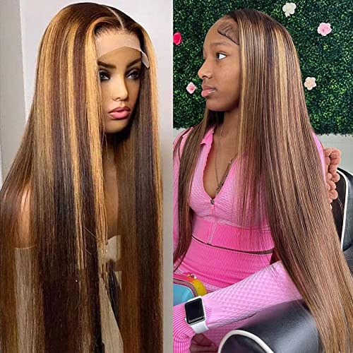 Healthair Highlight 13x4 HD 4/27 Honey Blonde lace frontal Wigs with Baby Hair Ombre Lace Front Wig Human Hair Pre Plucked 180% Density Colored Straight Lace Front Wigs for Black Women 20 Inch