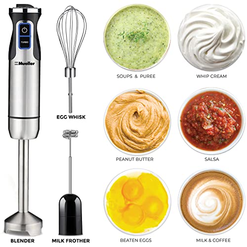 MuellerLiving Hand Blender, Immersion Blender, Hand Mixer with Attachments: Stainless Steel Blade, Whisk, Milk Frother