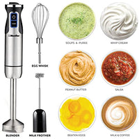 MuellerLiving Hand Blender, Immersion Blender, Hand Mixer with Attachments: Stainless Steel Blade, Whisk, Milk Frother