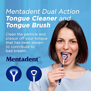 GuruNanda Mentadent Tongue Cleaner Dual Action Cleaner with Brush and Scraper - Fights Bad Breath & Odor Eliminator, Multi-Color