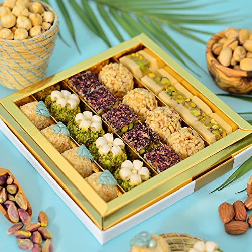 Layla’s Delicacies Mediterranean Treats Vegan Gift Box - Handmade Healthy Mixed Nutty Flavors Pastries - Halal, Vegetarian, Gluten Free - 22 Bite-Size Treats