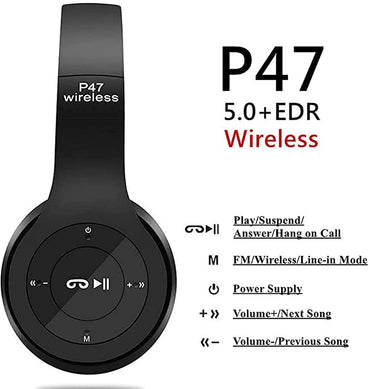 Wireless Headphones Over Ear P47 Super Bass 5.1, Volume Control, Bluetooth, Card Support SD, LED Lights, Compatible with Apple & Android, Built-in Microphone, FM Radio