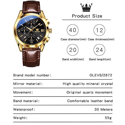 OLEVS Mens Watches Leather Band Luxury Dress Chronograph Watch Casual Waterproof Black and Gold Watches for Men Relojes para Hombres