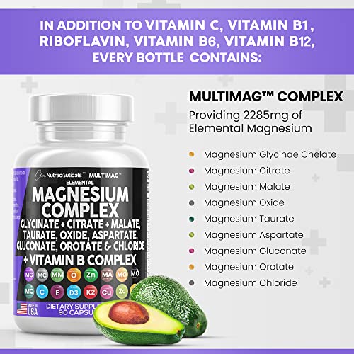 Magnesium Complex 2285mg with Glycinate Citrate Malate Oxide Taurate Aspartate Gluconate Orotate & Mag Chloride, Zinc Copper Manganese Vitamin C B1 B2 B6 B12 - 90 Count Made in USA